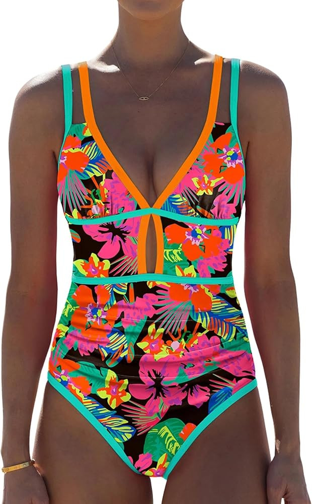 popvil Women One Piece Swimsuit 2026 Tummy Control Sexy Cutout Neon Color Block Bathing Suit Slim... | Amazon (US)