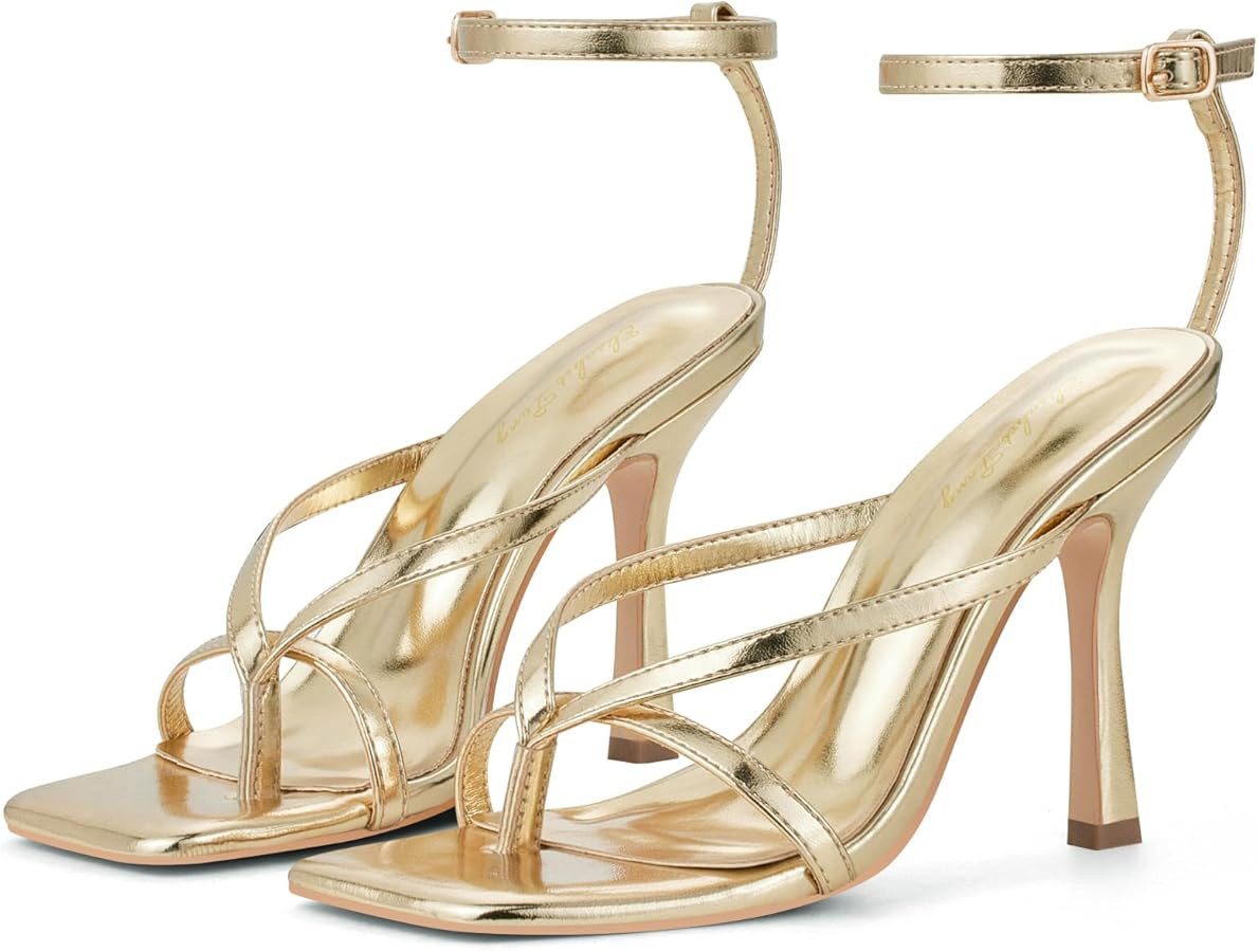 Elisabet Tang Womens Square Toe Heeled Sandals,4.3 inch Square Toe Thong Strappy Ankle Strap Stil... | Amazon (US)