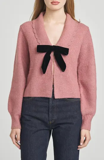 WAYF Sloane Bow Cardigan in Rose Mauve at Nordstrom Rack, Size X-Small | Nordstrom Rack