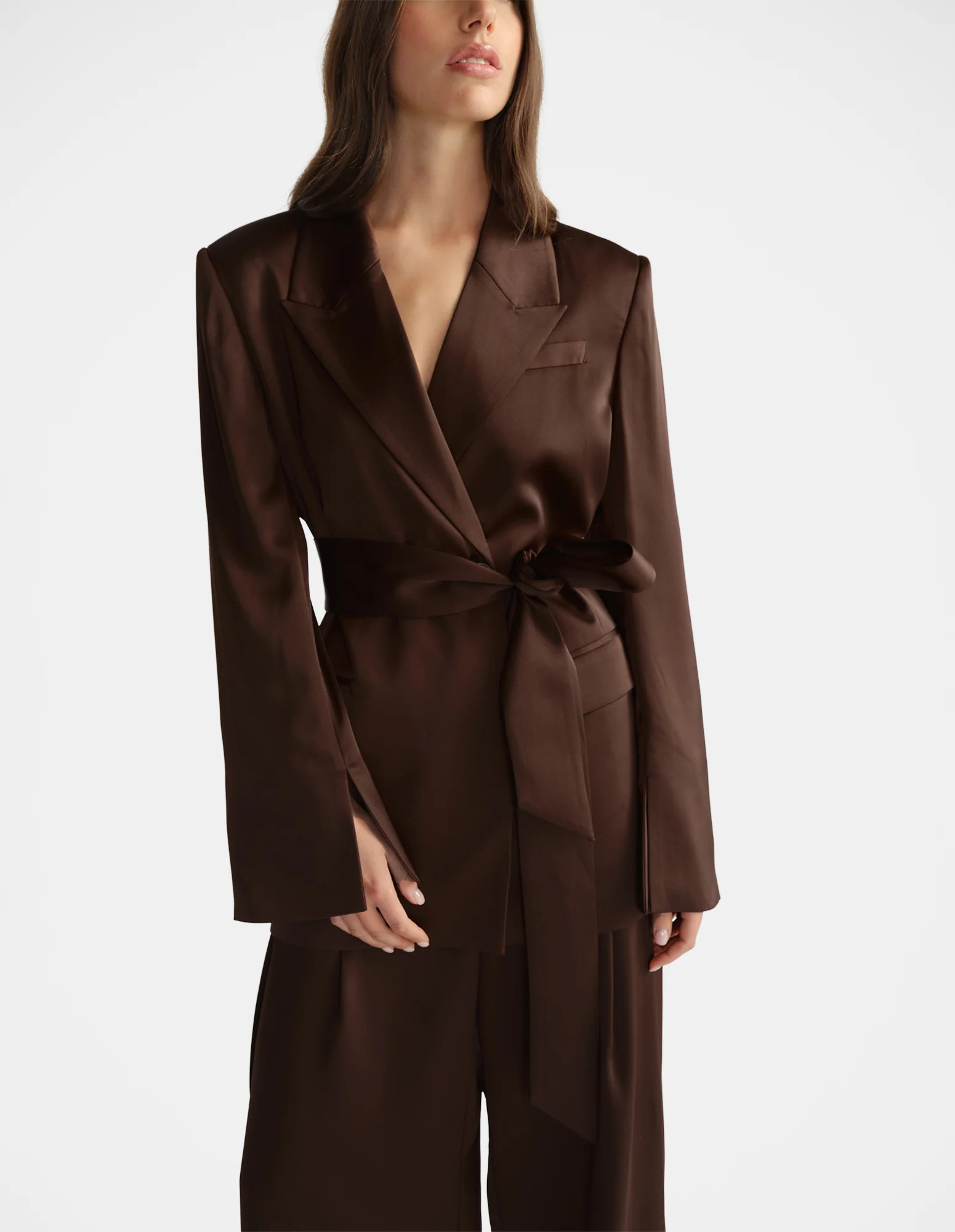 Sadie Satin Wrap Blazer - Espresso | DECJUBA