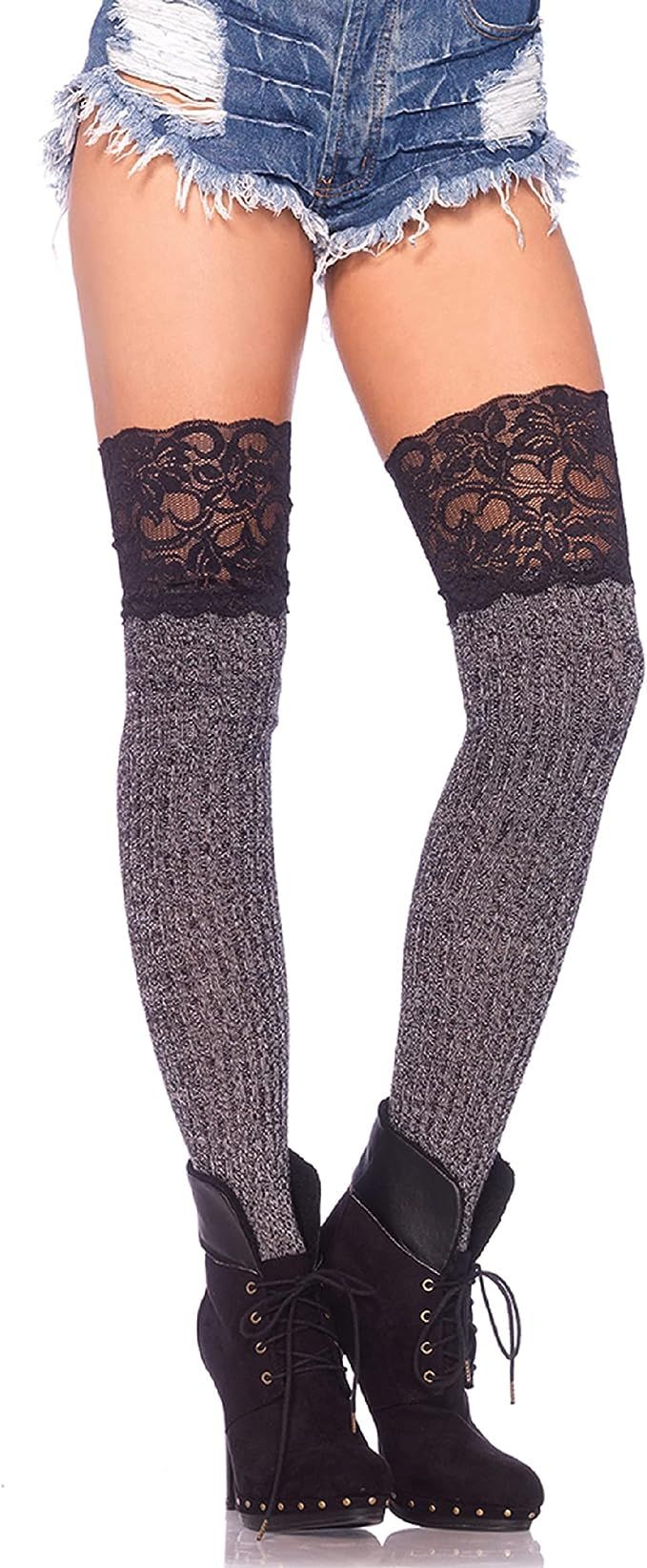 Amazon.com: Leg Avenue Women's Rib Knit Thigh Highs, Grey/Black Wide Lace, One Size: Clothing, Sh... | Amazon (US)