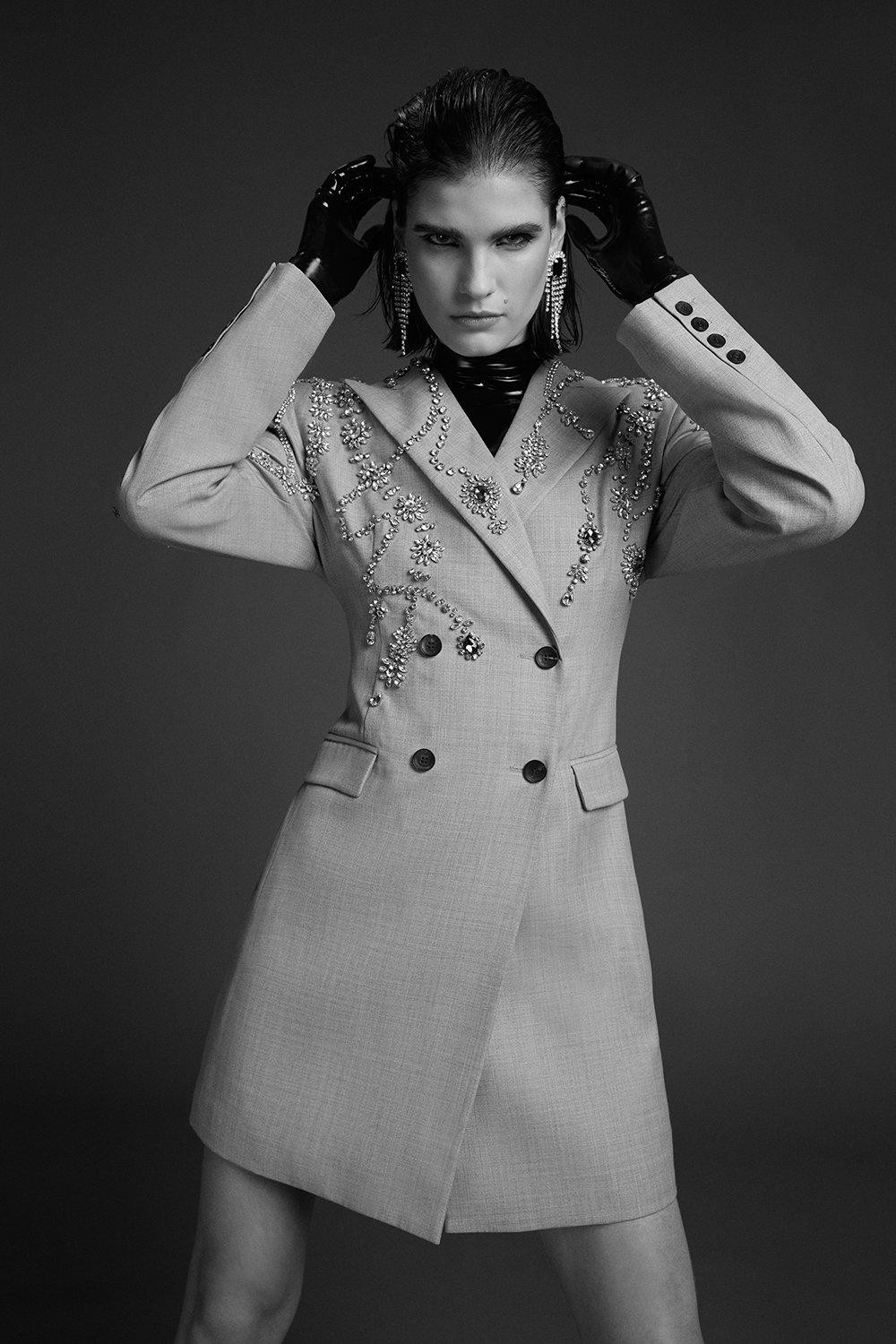 Wool Blend Embellished Tailored Blazer Mini Dress | Karen Millen US