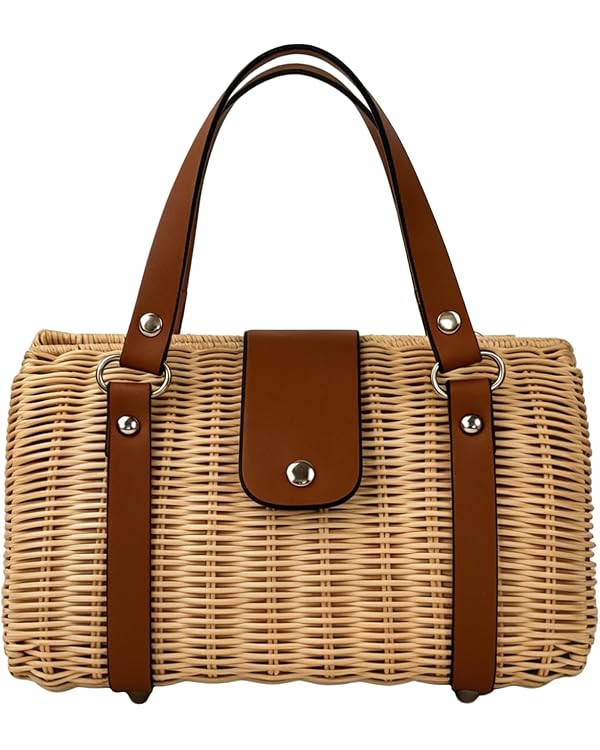 Rattan Purse for Women, Structured Straw Tote Bag, Woven Wicker Satchel Handbag with Reinforced H... | Amazon (US)