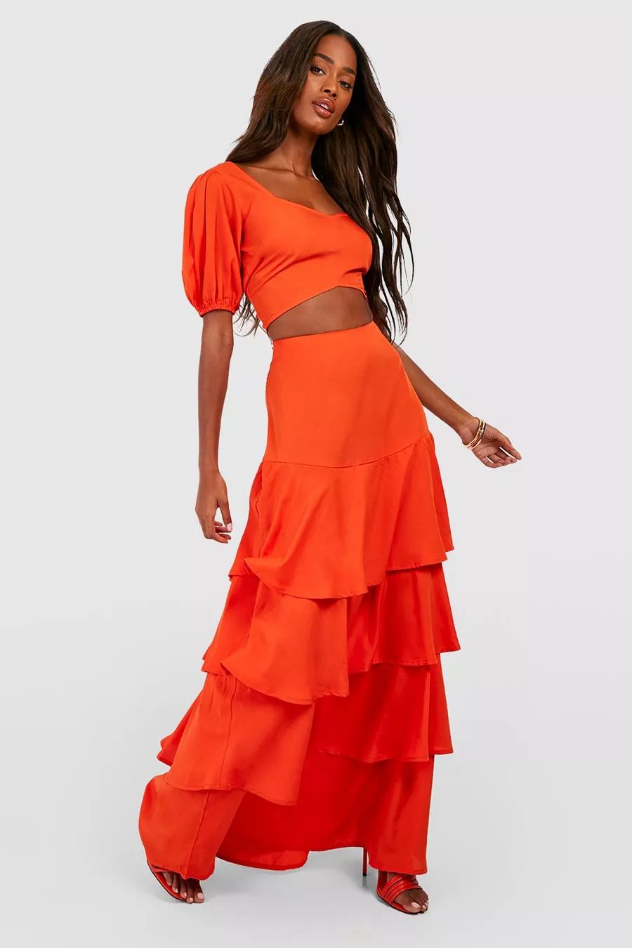 Sweetheart Puff Sleeve Crop & Tiered Maxi Skirt | Boohoo.com (US & CA)