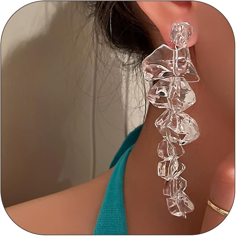 Long Dangle Ice Cube Earrings for Women Irregular Clear Earrings Crystal Clear Earrings Geometric... | Amazon (US)