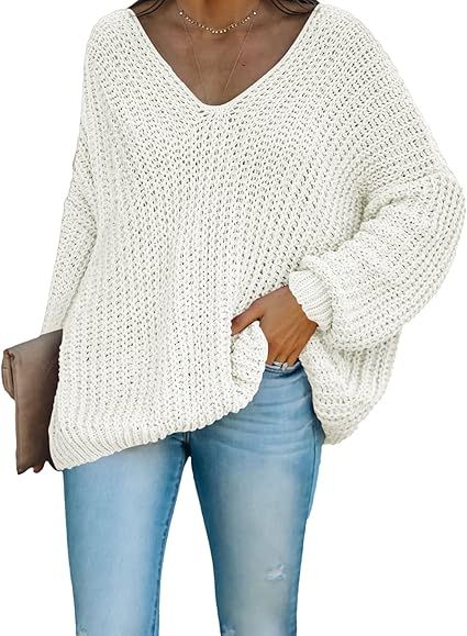 HAPCOPE Women's Off The Shoulder V Neck Batwing Sleeves Oversized Cable Knit Pullover Sweaters | Amazon (US)