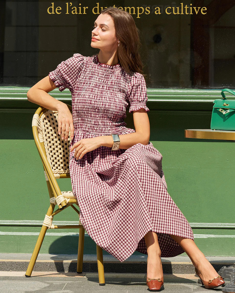 Wine Red Plaid Puffed Sleeve Midi Dress | rihoas.com