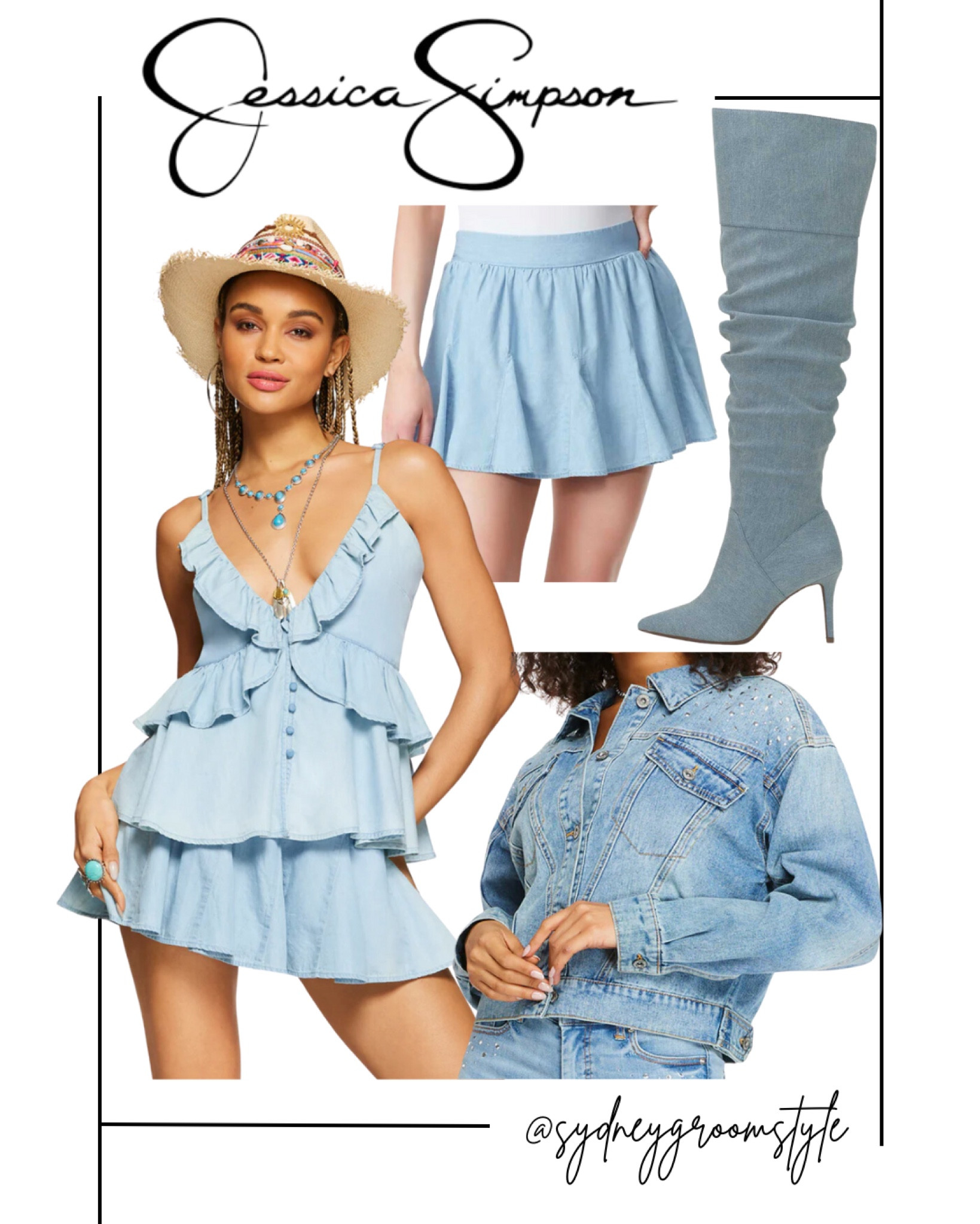 Jessica Simpson denim matching set ruffle button-down strapless top V-neck ruffle skirt soft denim, jean material knee boots ha ha boots western wear Texas fashion denim jacket button down long sleeve rhinestone concert style rhinestone

#LTKparties #LTKshoecrush #LTKsalealert