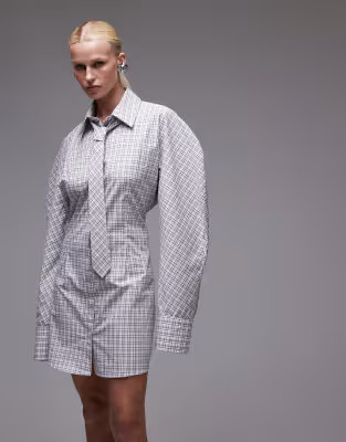 ASOS DESIGN cinch tie back shirt dress with tie in plaid | ASOS (Global)