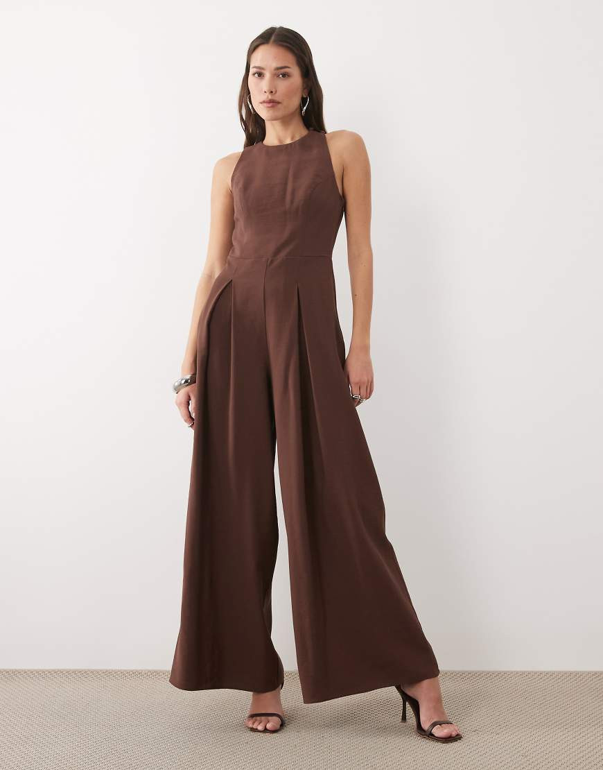 Nobody's Child Reign linen blend sleeveless pleated detailing jumpsuit in brown | ASOS (Global)
