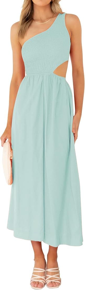 KIRUNDO Women 2023 Summer Sleeveless One Shoulder Smocked Cutout Maxi Dress A Line Flowy Casual B... | Amazon (US)