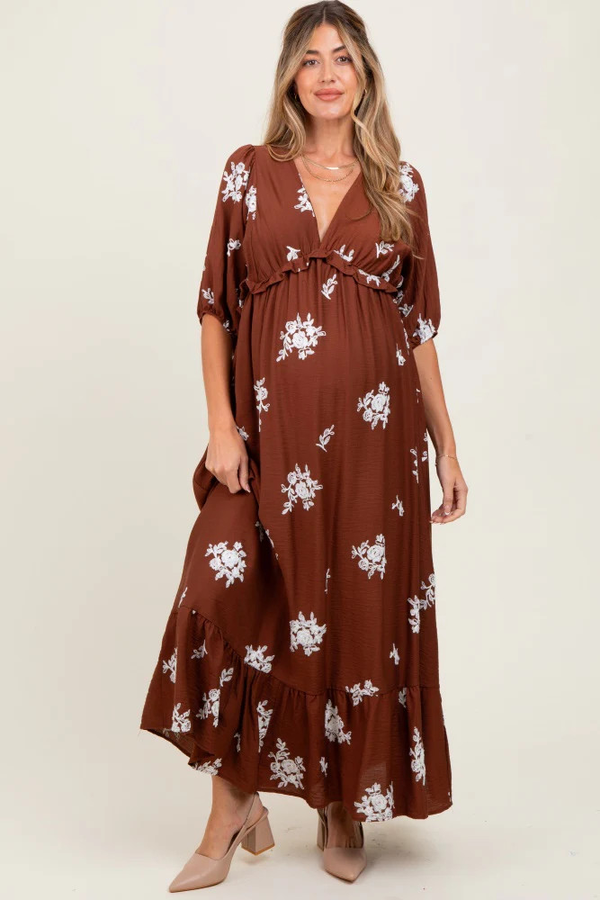 Brown Vintage Floral Embroidered V-Neck 3/4 Sleeve Maternity Maxi Dress | PinkBlush Maternity