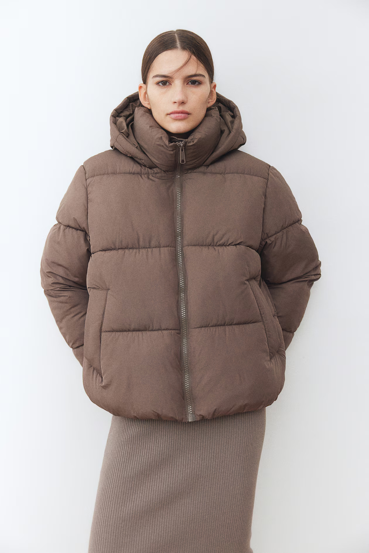 Hooded puffer jacket - Dark beige - Ladies | H&M GB | H&M (UK, MY, IN, SG, PH, TW, HK)