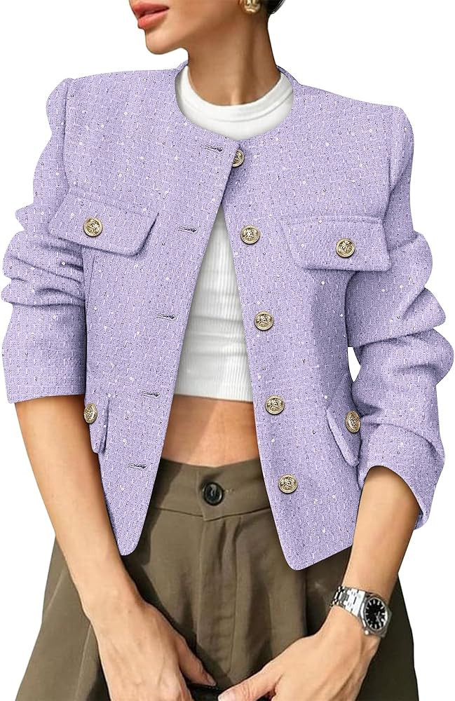 Women's Tweed Blazers Trendy Fall Casual Collarless Button Down Sequin Tops Cropped Jackets with ... | Amazon (US)