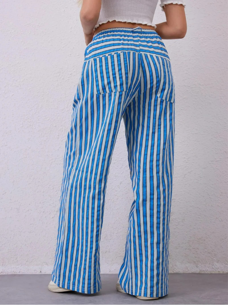 TEMOFON Pants for Women High Waist Wide Leg Pants Casual Palazzo Drawstring Striped Trousers Loos... | Walmart (US)