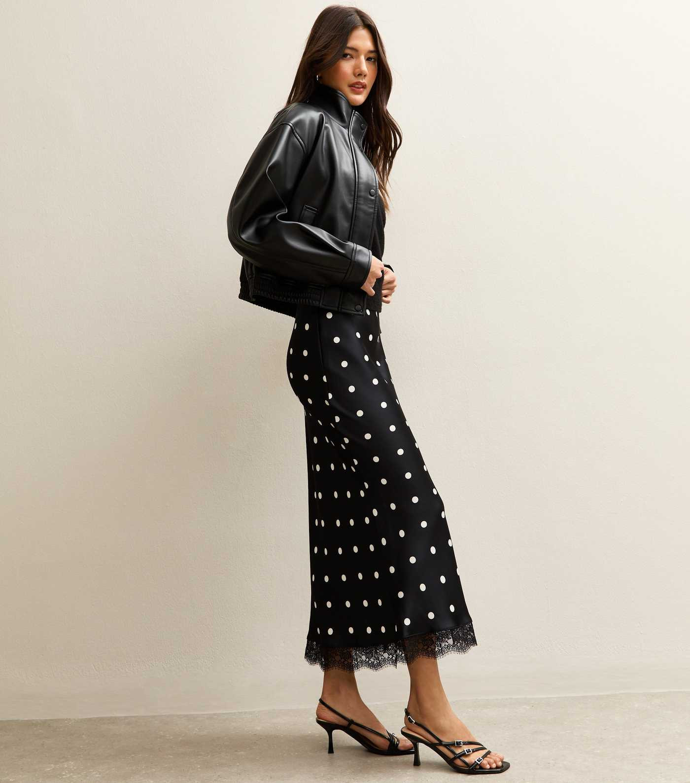 Black Satin Polka Dot Lace Trim Midi Skirt | New Look | New Look (UK)