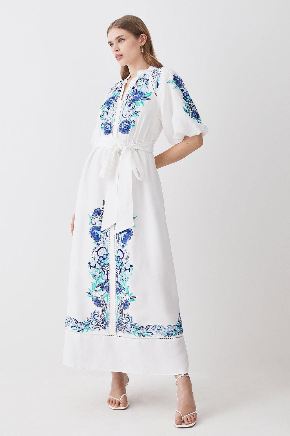Embroidered Viscose Linen Midi Dress | Karen Millen UK + IE + DE + NL