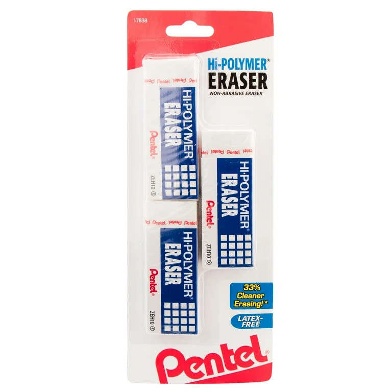 Pentel Hi-Polymer Block Eraser, Latex Free, White, Pack of 3 Erasers | Walmart (US)