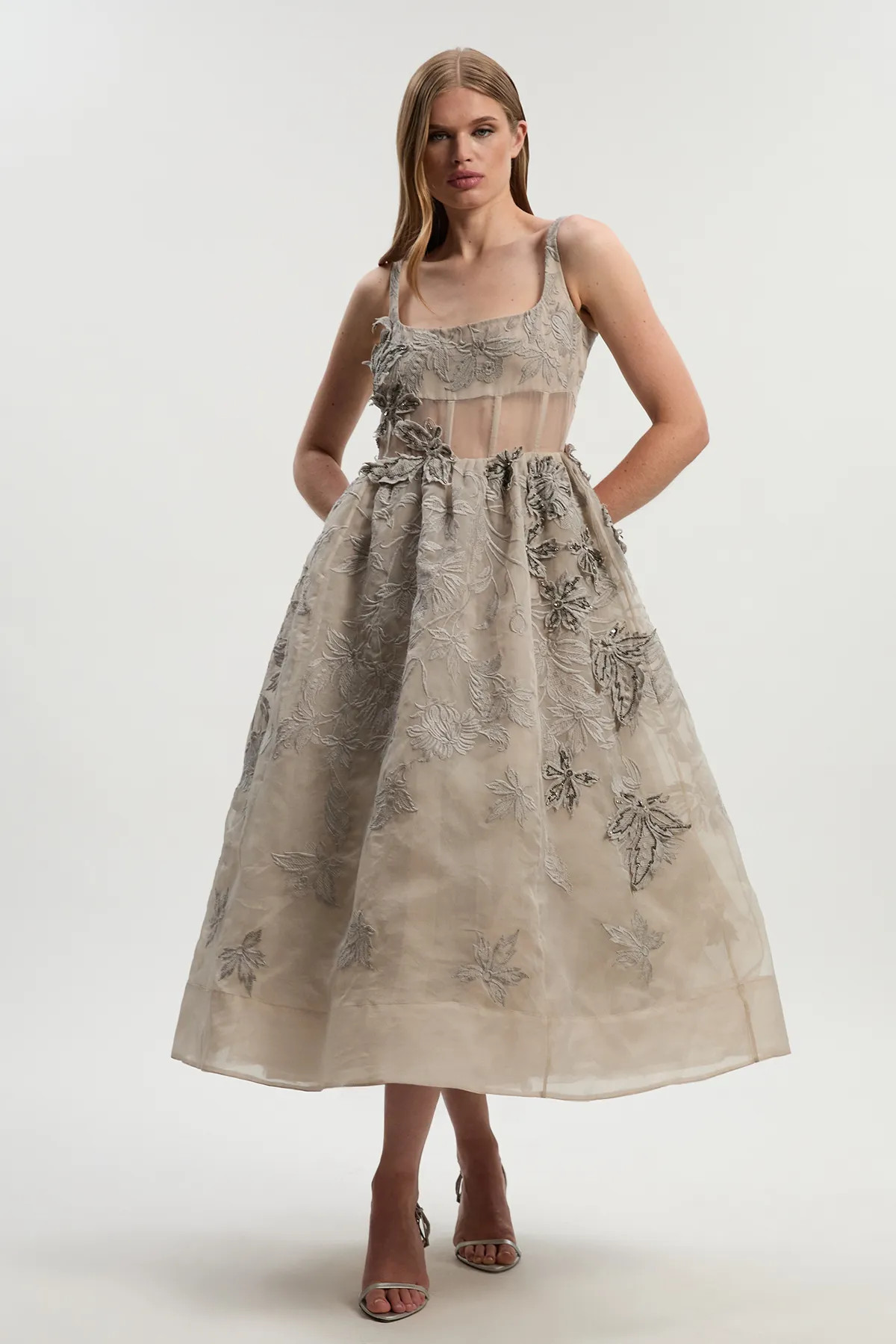 Dresses | Archive Embroidered Applique Organdie Woven Prom Dress | KarenMillen | Karen Millen US