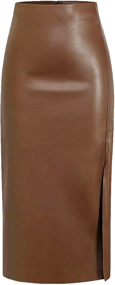 Women's High Waisted Faux Leather Side Slit Skirt PU Leather Bodycon Split Thigh Long Skirt | Amazon (US)