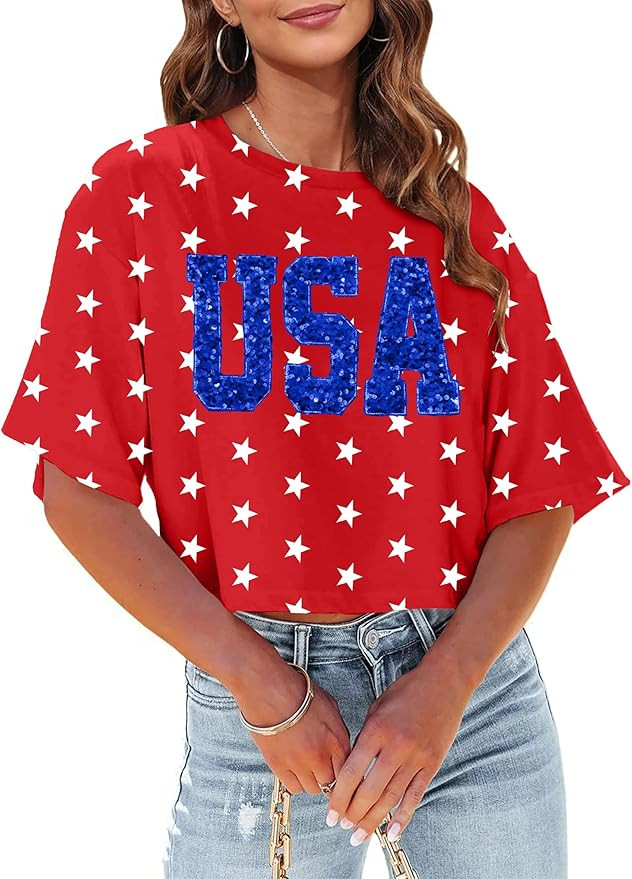 USA Shirts for Women American Star Sequin Crop Shirt Patriotic T-Shirt 4th of July Cropped Tees T... | Amazon (US)