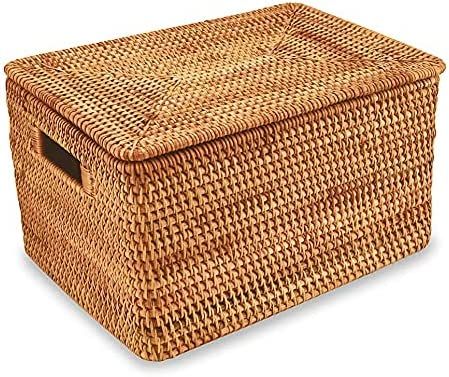 FIYAMMY Rattan Storage Basket- Handwoven Wicker basket With Lid (15.3" L×11.4"W×9.5"H)… | Amazon (US)