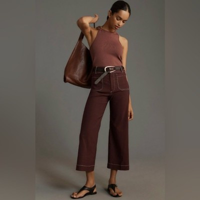Anthropologie Maeve The Colette Wide Leg Cropped Brown Pants Size 24W | eBay US
