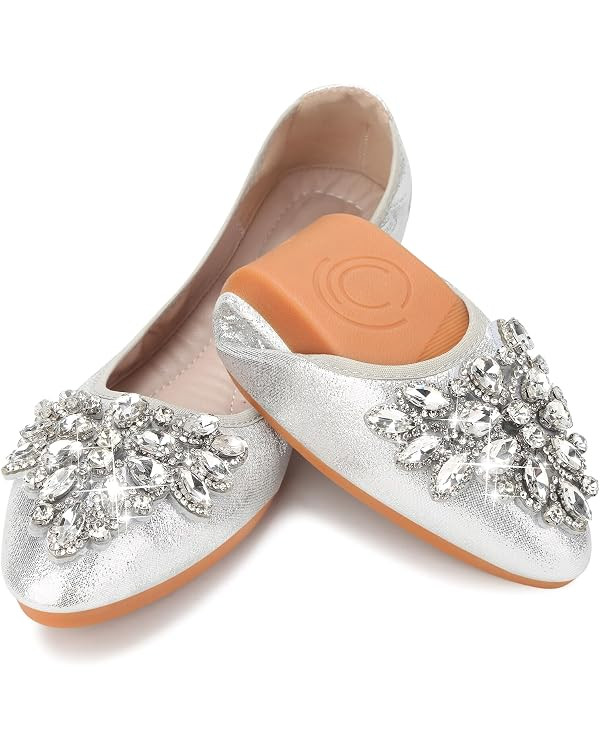 KUNWFNIX Women Ballet Flats Rhinestone Wedding Ballerina Shoes Foldable Sparkly Comfort Slip on F... | Amazon (US)
