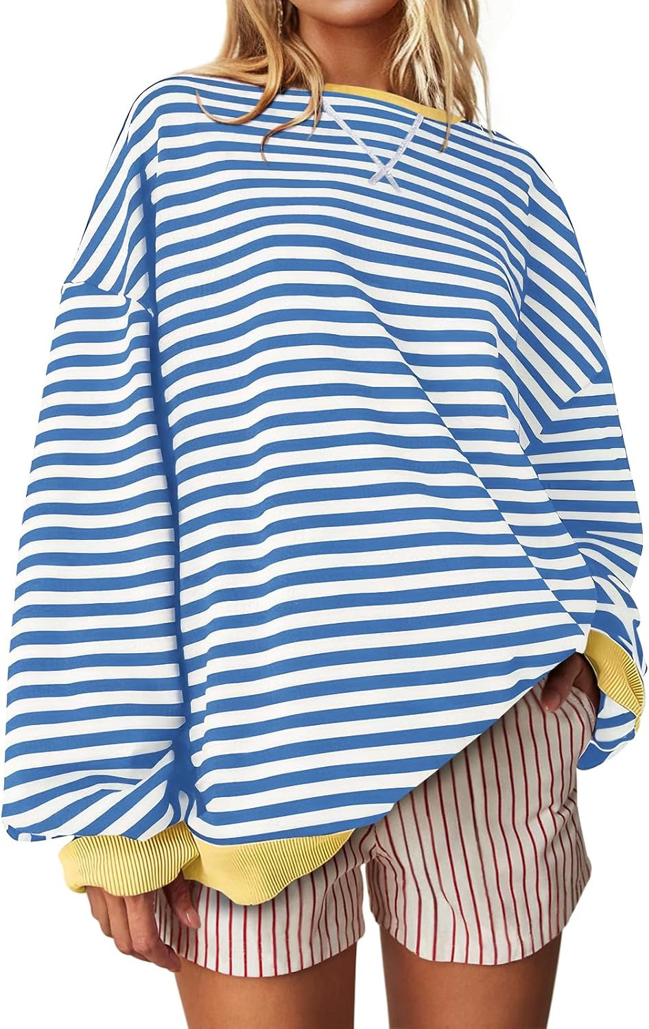 UEU Women Oversized Striped Crewneck Sweatshirt Long Sleeve Casual Pullover | Amazon (US)