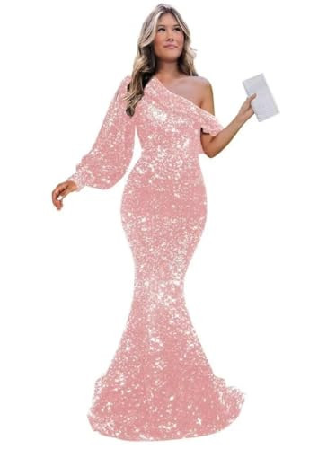 RunaCelle Long Blush Pink Formal Dresses for Women Long Sleeve Prom Dress with Train Corset Sequin Evening Gowns Size 14 | Amazon (US)