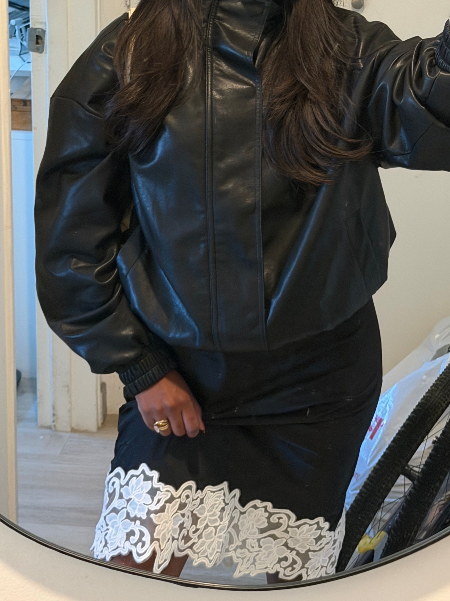 OOTD for today! 🖤 love the lace detail on this midi skirt and the black leather bomber jacket is a staple for fall/winter!

#LTKootd