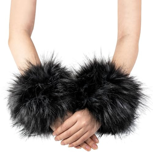 Modelshow Plush Fluffy Imitation Faux Fox Fur Bracelet Wristband Sleeve Ring Cuffs Warmer (black jacquard) | Amazon (US)
