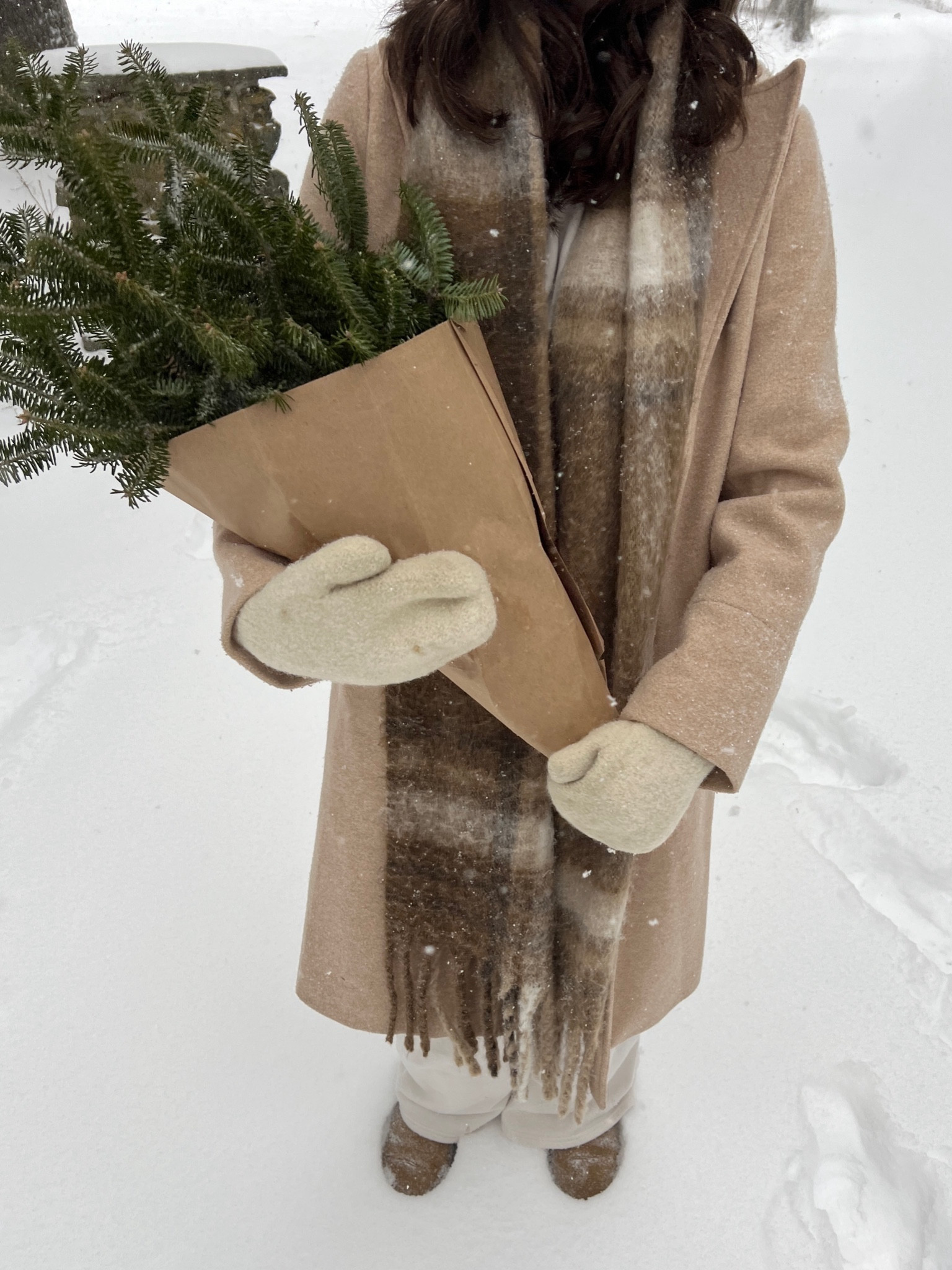Snow day winter outfit with cream colored beanie, long plaid scarf, cream matching lounge set, ugg boots, and long tan wool coat. Snow day aesthetic, winter outfit inspiration 

#LTKfindsunder50 #LTKSeasonal #LTKfindsunder100