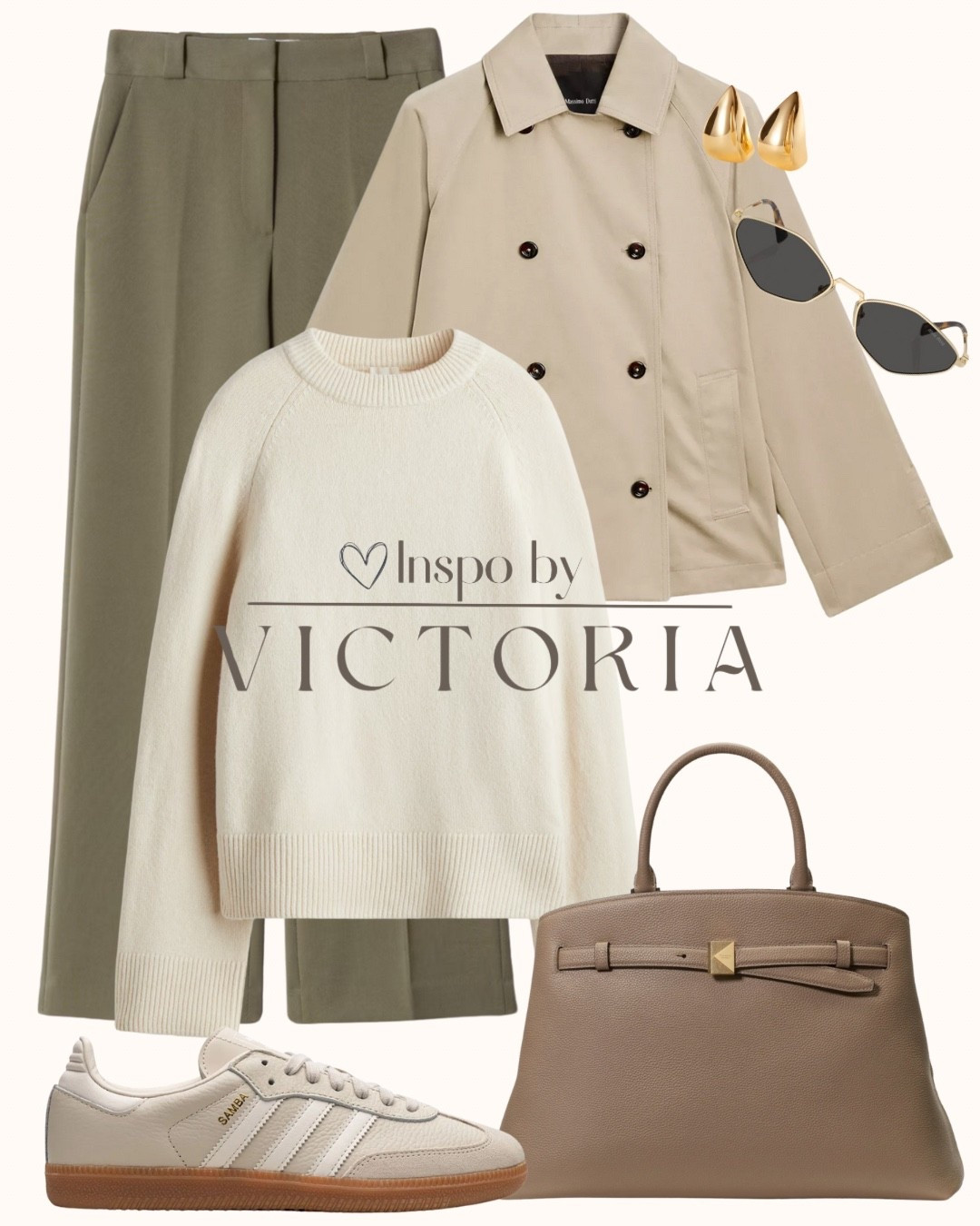 Fall outfit with a pop of khaki: Classic pieces you’ll wear on repeat — a cream knit, cropped trench, wide-leg trousers, and timeless Sambas for that “cool without trying” vibe 🤍🤎
Perfect for coffee runs, city strolls, or casual Fridays.

#NeutralOutfit #ClassicWardrobe #OOTD #MinimalStyle #CapsuleWardrobe

#LTKStyleTip #LTKSeasonal #LTKFindsUnder100