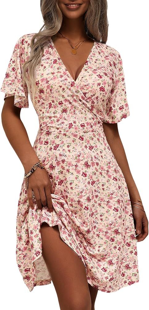 FENSACE Womens Sundress Summer Floral Short Sleeve Wrap V Neck A-Line Midi Dress | Amazon (US)