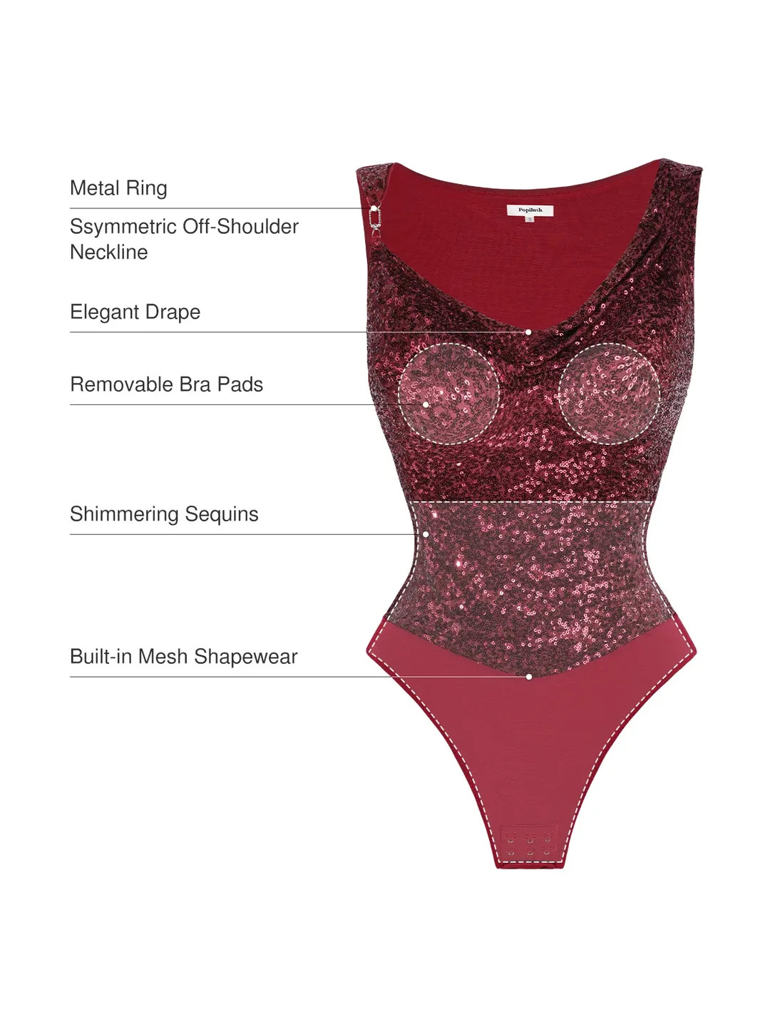 Sequin Cowl Neck Chain Detail Sculpting Bodysuit | Popilush