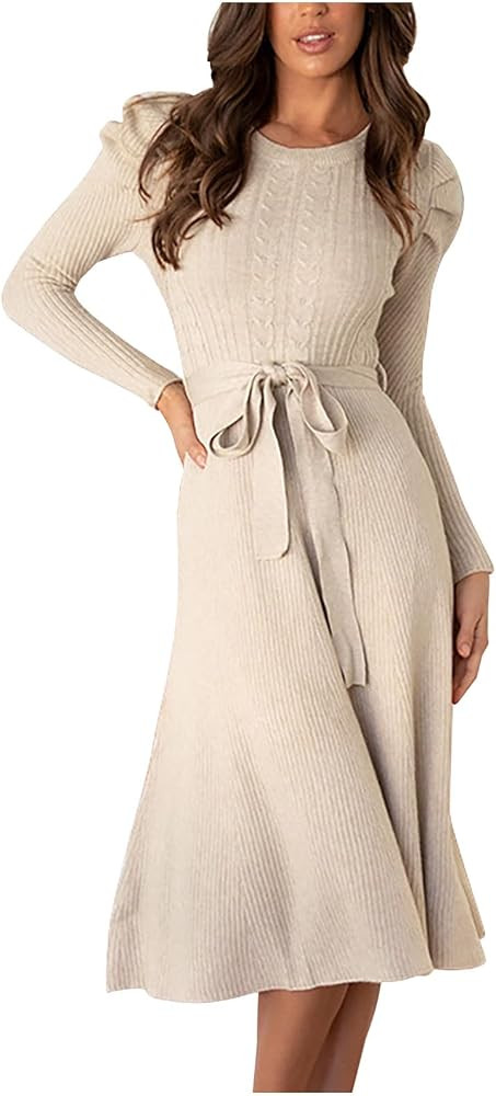 Sweater Dress for Women with Waistband Knit Puff Long Sleeve Mid-Length Sweater Dress Winter Comf... | Amazon (US)