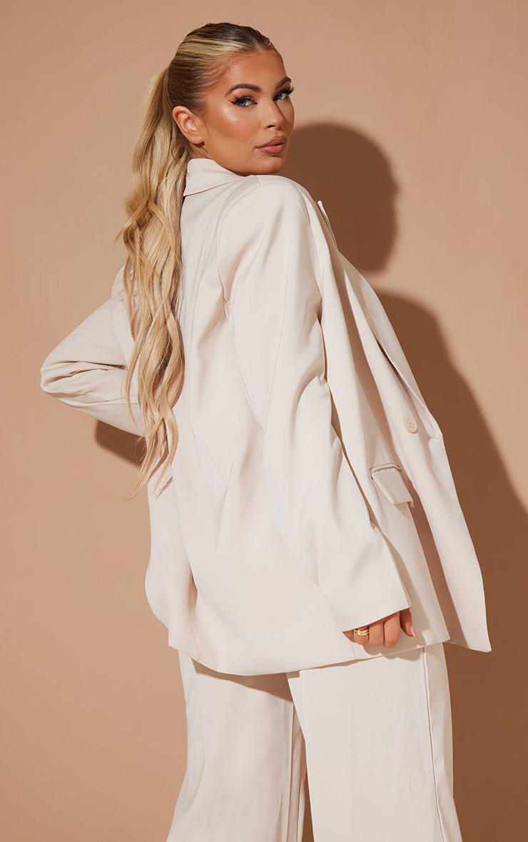 Stone Woven Extreme Oversized Shoulder Pad Pocket Blazer | PrettyLittleThing CAN