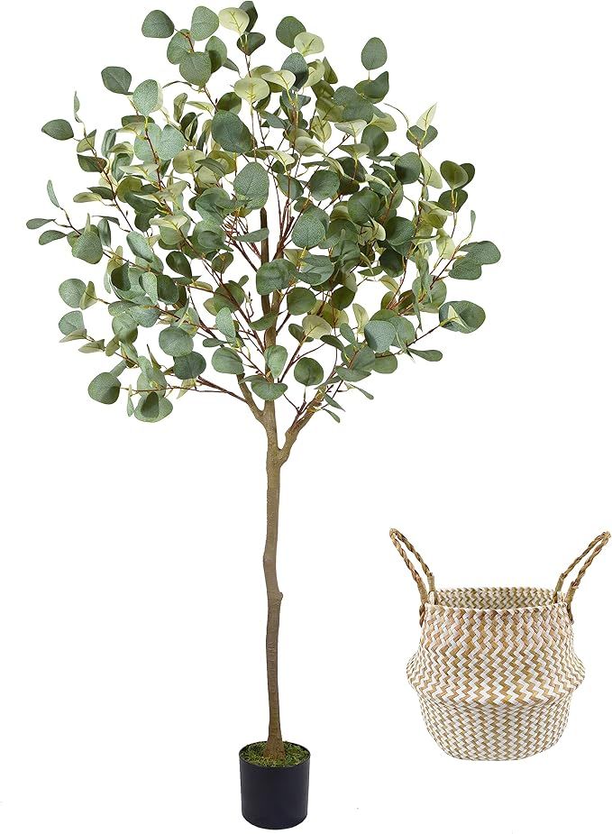 Artificial Eucalyptus Tree, 5ft Tall Fake Eucalyptus Plant with Basket, Green Silver Dollars Silk... | Amazon (US)