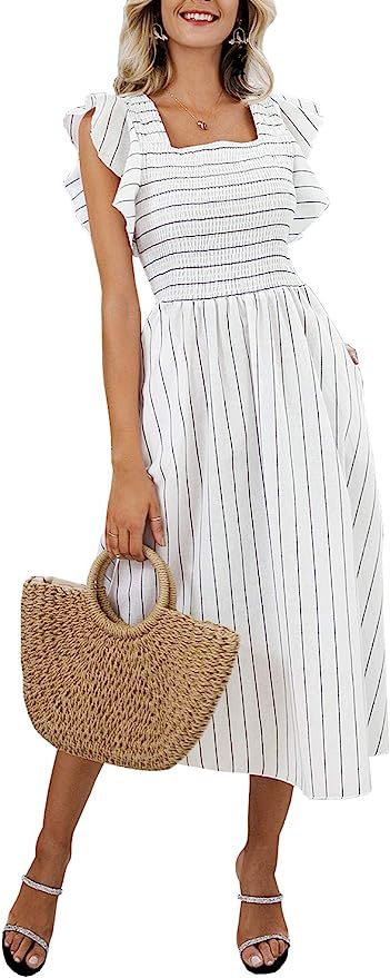 Miessial Women's Striped Linen Long Dress Elegant Ruffle Cap Sleeves Midi Dress | Amazon (US)