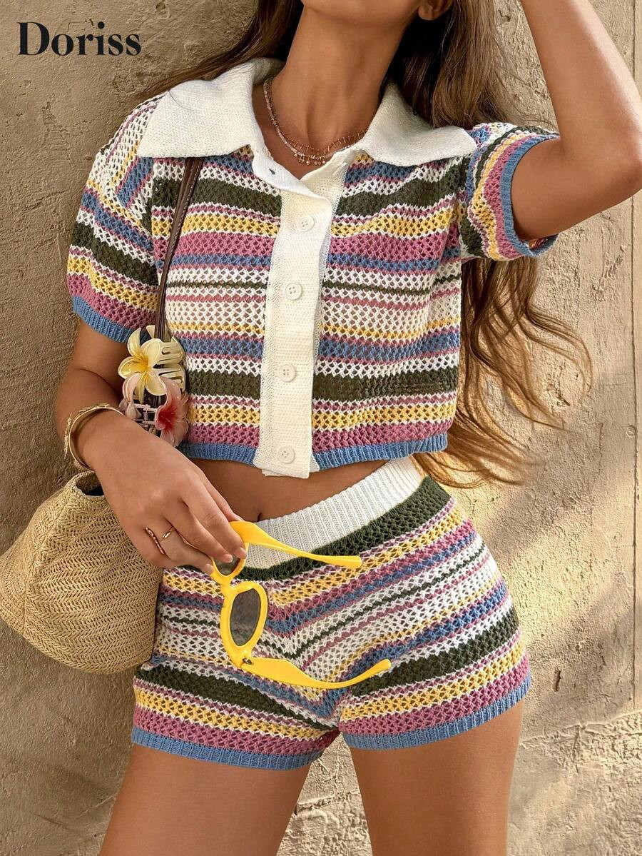 Doriss 2Pcs Vacation-Style Stripe Suit, Valentine's Day Outfit, Elegant Ladies, Beach Outfit, Tha... | SHEIN