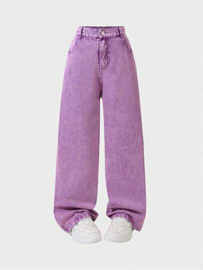 Tween Girl Y2K Fashion Versatile Colorful Denim Wide Leg Casual Loose Comfy Jeans, Spring Autumn | SHEIN