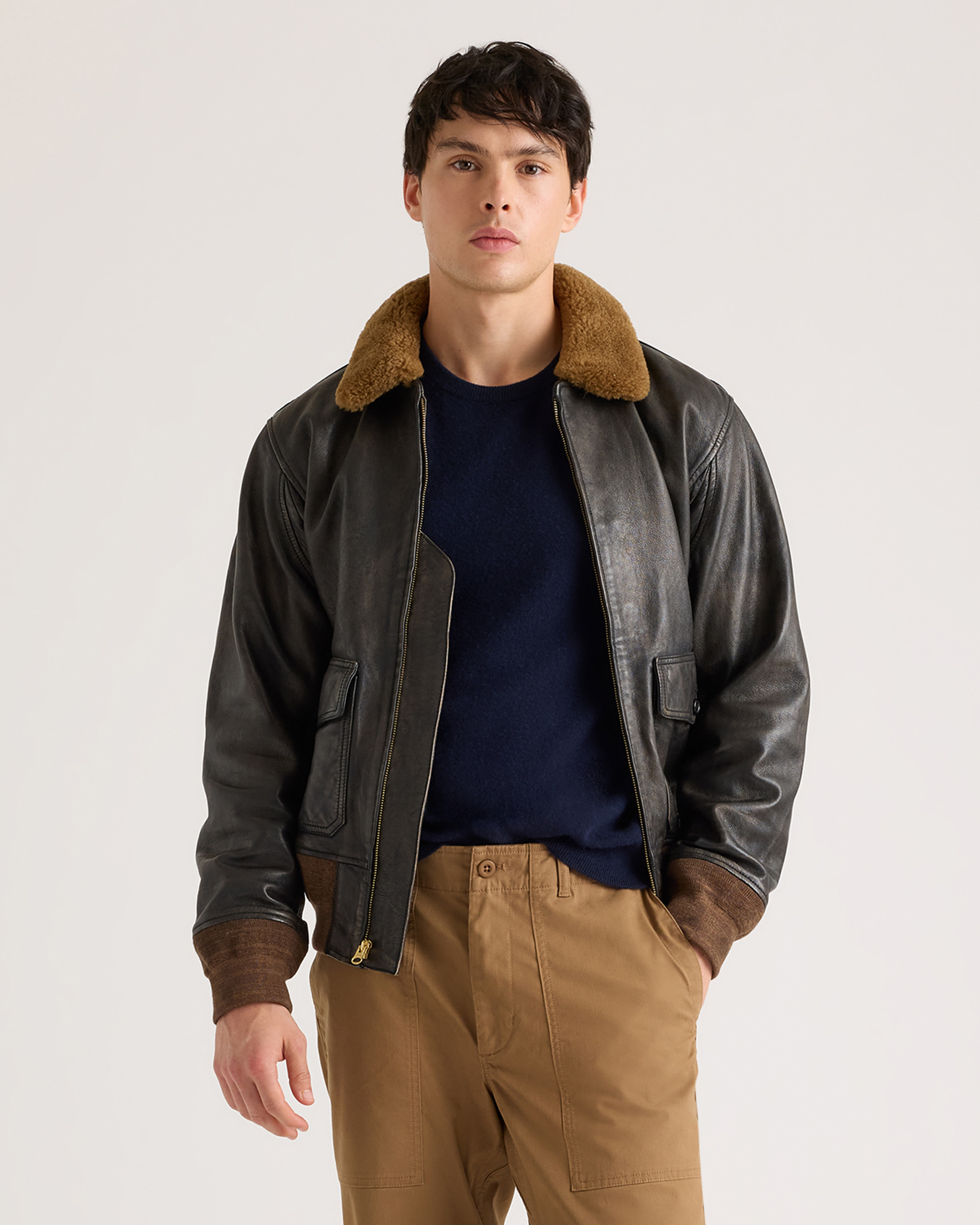 Shearling Collar Leather Flight Jacket | Quince