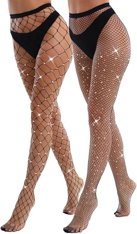 VEBZIN 2 Pack Sparkly Large And Medium Mesh Fishnet Tights For Women Sexy Glitter Rhinestone Fish... | Amazon (US)