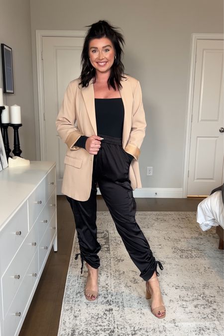 Satin joggers- fun business casual or happy hour style. Wearing a medium in the bodysuit (linked a similar one), blazer and joggers. Shoes are old but similar pair linked  

#LTKstyletip #LTKworkwear