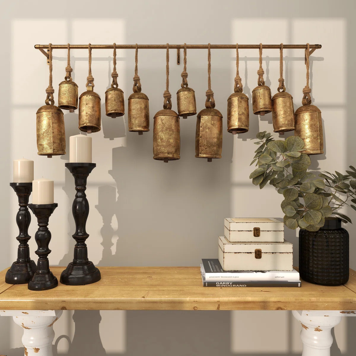 Kristen Metal Tibetan Inspired Decorative Cow Bells with 12 Bells on Jute Hanging Ropes and Rod | Wayfair North America