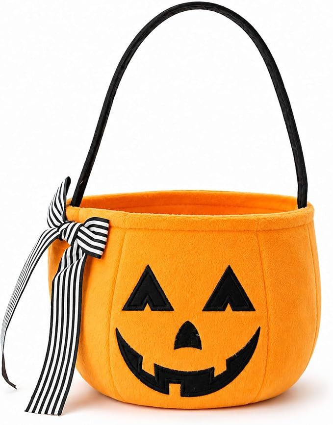 Halloween Pumpkin Plush Tote Bucket, Trick or Treat Candy Bag with Bow | 25 x 20 cm pumpkin baske... | Amazon (UK)