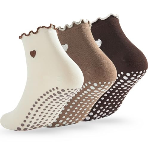 Soxbang 3/6 Pairs Cute Pilates Socks with Grips,Yoga Socks Barre Sock Non Slip Embroidery for Barre Ballet Workout (US, Numeric, 5, 9, Regular, Regular, Ruffle(1cream1Light brown1Dark brown)) | Amazon (US)