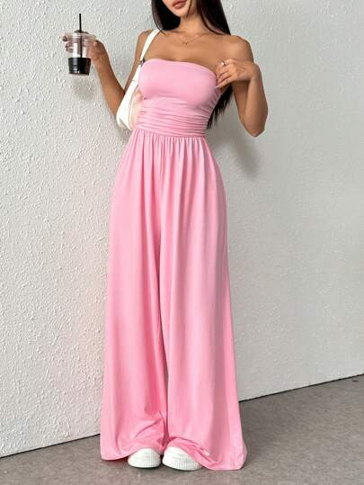 Flirla Women's Solid Color Casual Ruched Tube Top Loose Wide Leg Jumpsuit | SHEIN USA | SHEIN
