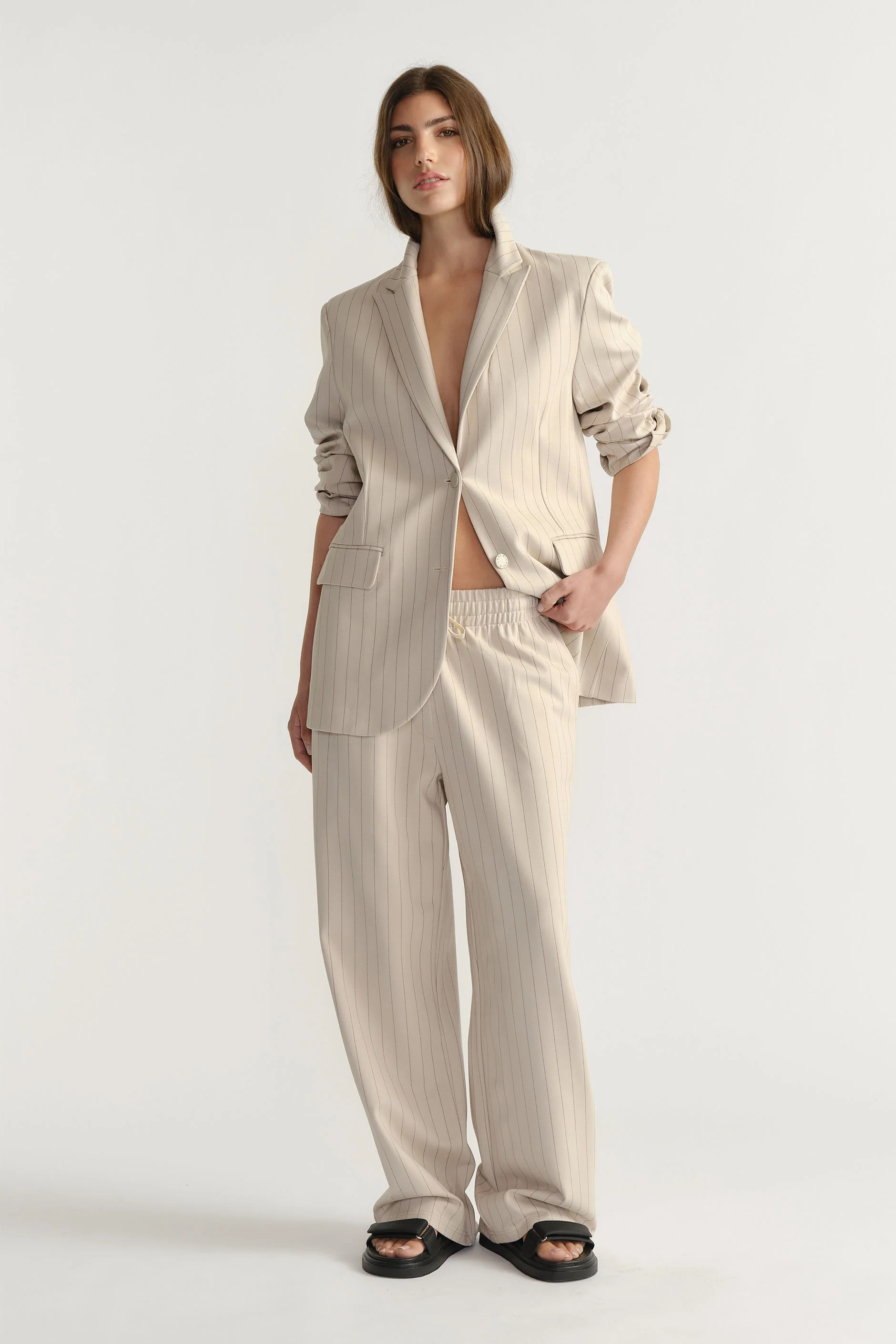 D-Luxe Pinstripe Blazer - Oat | DECJUBA